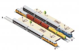 Download Railway Station Isometric Composition With Passenger Platforms Tunnel Staircase Entrance Freight Train And Double Decker Illustration For Free Train Railway Station Subway Train