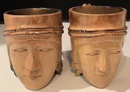 Pair Of Wood Wooden Man Woman Face Head Figural Mug Cup Hand Carved Large  Handle