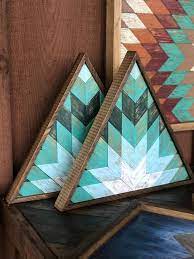 Triangle Barn Quilt Wall Art With Bursting Star Design Wooden Mosaic Wall Decor Cozy Cottage Decor In 2021 Barn Quilt Painted Barn Quilts Barn Quilt Patterns