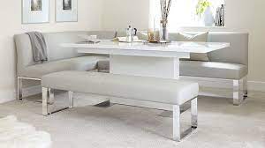 Corner table and bench set made from reclaimed scaffold boards. Sanza White Gloss And Loop 5 Seater Left Hand Corner Bench Dining Set Corner Bench Dining Table Dining Room Small Dining Corner