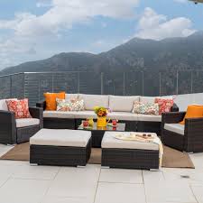 Noble House Santa Rosa Multi Brown 9 Piece Wicker Outdoor Sectional Set With Beige Cushions 11270 2 The Home Depot Wicker Outdoor Sectional Wicker Patio Sectional Patio Sectional