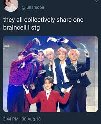 I Think Them And Tge Whole Fandom Collectively Share One Brain Cell And That S Why We All Are So Prefect Together Bts Boys Bts Funny Bts Memes