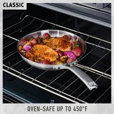 Five layer construction with copper core long cast stainless steel handles stay cool on the stovetop dishwasher safe oven and broiler safe. Calphalon Classic Stainless Steel 10 Piece Cookware Set Calphalon