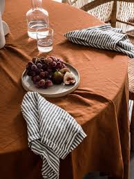 Ochre French Linen Table Cloth Charcoal Stripe Napkins Dining Accessories Table Setting Decor Dining Table Decor