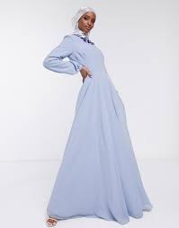Asos Design Maxi Dress With Embellished Neckline And Long Sleeve In Pale Blue Asos