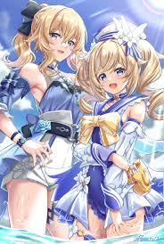 ribbon, open mouth, blue swimsuit, sky, multiple girls - Anime R34