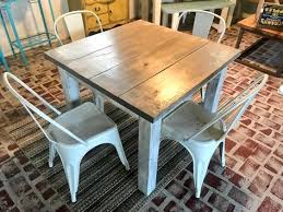 Square Farmhouse Table Rustic Farmhouse Table Dining Set With White Metal Chairs Small Table Set Gray Top White Distressed Base In 2020 Rustic Farmhouse Table White Metal Chairs Modern Farmhouse Table