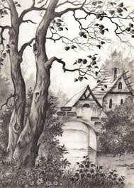 Lazos De Arte Y Amistad Dibujo A Lapiz Puente Y Bosque Gladys Perez Landscape Pencil Drawings Landscape Drawings Landscape Sketch