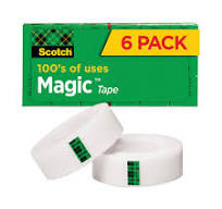 3/4"W Magic Tape, 27.78 yd Length x 0.75" Width, 1" Core, Transparent,  Yellowing Resistant, For Office, Home, School, Mending, 6 / Pack