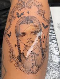 Wednesday inspired frame tattoo for the lovely @tuesdaym91 ☠️⛓️❤️‍🔥 • •  Sponsored by @butterluxe_uk 🐝 • Made using @butterluxe_uk @killerinktattoo  stellar cartridges @allegoryink • • • #uktattoo #uktattooartists  #ukfinelinetattooartist ...