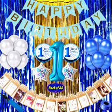 Table setting with presents, gift boxes, confetti and birthday background with gold stars, polka dots. Shopperskart Baby Boy First 1st Happy Birthday Room Wall Party Decorations Combo Kit Pack Blue Color Theme Price In India Buy Shopperskart Baby Boy First 1st Happy Birthday Room Wall Party Decorations Combo Kit Pack Blue Color