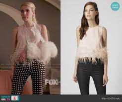 Chanel S Checked Trousers And Feather Trim Top On Scream Queens Scream Queens Fashion Queen Outfit Scream Queens Costume