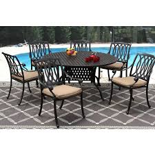 The 60 inch round top is supported by 4 solid legs with cross braces. San Marcos Cast Aluminum Outdoor Patio 7pc Set 60 Inch Round Dining Table Series 3000 With Sunbrella Sesame Linen Cushion