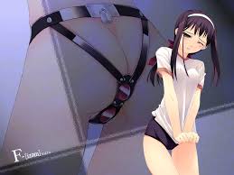 murakami suigun, f-ism, highres, 1girl, anal, ass, bdsm, blush, brown hair,  butt crack, butt plug, chastity belt, covered erect nipples, dildo, dildo  harness, double penetration, green eyes, multiple penetration, nipples, sex  toy,