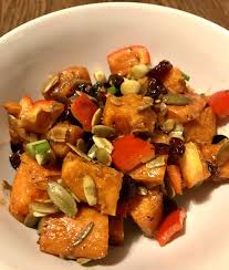 Roasted Sweet Potato Salad With Warm Chutney Dressing Art Of Vegan Salad With Sweet Potato Potatoe Salad Recipe Roasted Sweet Potatoes