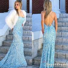 Backless Fitted Sequins Sky Blue Prom Dress In 2021 Prom Dresses Blue Backless Prom Dresses Beaded Prom Dress Fitted