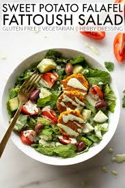 Sweet Potato Falafel Fattoush Salad Herb Dressing The Toasted Pine Nut Recipe Sweet Potato Falafel Recipe Fattoush Salad Salad With Sweet Potato