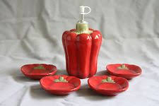 Olive Oil Dipping Tapas Set Figural Red Pepper 4 Plates Bowls Cruet Baum Nib 5 P Olive Oil Bottles Oil Bottle Hot Sauce Bottles