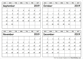 Print September To December 2019 Calendar Template 4 Month Calendar Pertaining To September December August Calendar September Calendar June 2019 Calendar