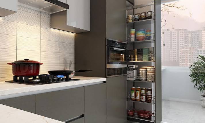 Compact affordable modular kitchen with drawers open shelves and vertical storage