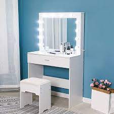 Dim lighting makes applying makeup a messy process, and combining that with morning brain fog can leave you with a major problem. Amazon Com Riforla Vanity Set With Lighted Mirror Makeup Vanity Dressing Table Dresser Desk With Large Drawer For Bedroom White Bedroom Furniture 12 Cool Led Bulbs Kitchen Dining