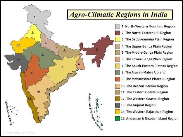 15 Agro-Climatic Regions of India based on soil and climate homogeneity, AI generated