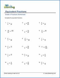 This worksheet generator produces a variety of worksheets for the four basic operations (addition, subtraction, multiplication, and division) with fractions you can make the worksheets in both html and pdf formats. Grade 4 Math Worksheets Equivalent Fractions K5 Learning