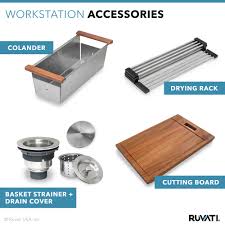 The common accessories included in many workstation sinks are: 28 Inch Workstation Ledge Undermount 16 Gauge Stainless Steel Kitchen Sink Single Bowl Ruvati Usa