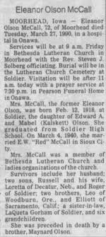 Obituary for Eleanor Olson McCall, 1918-1990 (Aged 72)