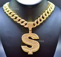 MENS ICED HIP HOP GOLD PT JUMBO LARGE DOLLAR SIGN PENDANT, MIAMI NECKLACE  SET