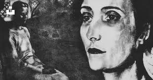 A black and white drawing of a woman and a man photo