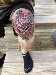 Healed Knee Rose Done By Nick Adam At Lightwave Tattoo Saugus Ma Text Tattoo Tattoo Knee Men Tattoos