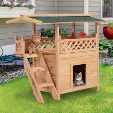 Multi Tier Design Your Cats Will Love This Covered Elevated Cat House With A Roof That Brings Exciting New Wooden Cat House Cat House Diy Outdoor Cat Shelter