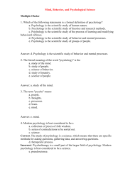 Mind Behavior And Psychological Science Multiple Choice 1