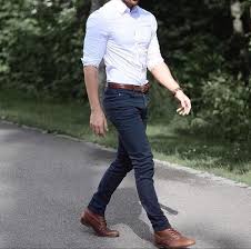 02 Navy Jeans A White Fitted Shirt And Brown Leather Shoes Styleoholic Mens Outfits White Jeans Men Men Casual