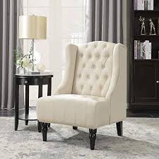Belleze Tall Wingback Tufted Fabric Accent Chair Tufted High Back With Nail Head Beige Best Dining Table Fabric Accent Chair Linen Accent Chairs Accent Chairs