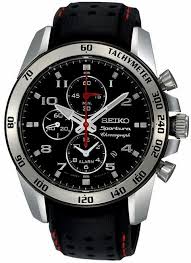Montre Seiko Sportura Chronographe Avec Bracelet En Cuir Noir Avec Des Trous Et Boitier Acier Fonction Date Et Chronometre Horloges Watches
