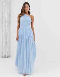 Asos Design One Shoulder Tulle Maxi Dress In Blue Asos