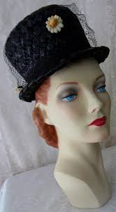 60s Black Straw/Netting Women Pillbox Hat Small 20 in…