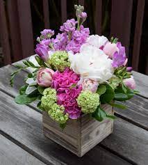 Flower Arrangement In A Wooden Box With Peony Stock Tulips Carnations Freesia Vibur Small Flower Arrangements Large Flower Arrangements Peony Arrangement