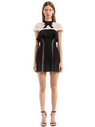 Black And White Self Portrait Dress Self Portrait Capped Sleeve Lace Amp Crepe Mini Dress Dresses Black X2f White Luisaviaroma Sheer Mesh Capped Yoke Bow At Collar Concealed Back