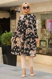 Neva Style Cicek Desenli Siyah Tesettur Tunik 1647s Ziyafet Elbiseler Islami Giyim Tarz Moda