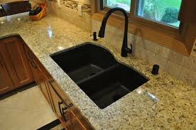 Undermount stainless steel 32 x 20 x 9 80/20 offset double bowl kitchen sink. Double Black Kitchen Sink With Black Curved Faucet Connected By White Granite Countertop Int Black Kitchen Sink Undermount Kitchen Sinks Granite Kitchen Sinks