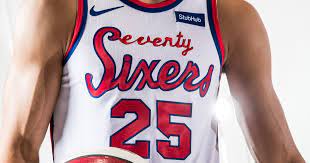 The red shorts are adorned with the sixers secondary logo above a blue accent on the side of the left leg. Sixers Unveil New Classic Edition Uniform Based On Short Lived 1970s Design Phillyvoice