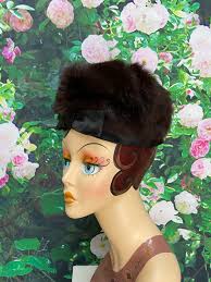 60s Brown Rabbit Fur Bow Hat Pillbox Clyde Burtrum