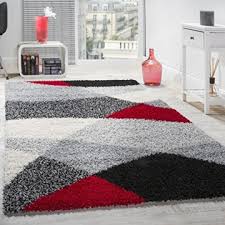 Der großteil unserer teppiche mit langflor ist in neutralen unifarben gehalten. Shaggy Teppich Hochflor Langflor Weich Geometrisch Gemustert Grau Schwarz Rot Grosse 120x170 Cm Teppich Traumshop De