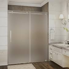 These doors are framed or frameless. Aston Moselle 56 In To 60 In X 75 In Completely Frameless Sliding Shower Door With Frosted Glass In Brushed Stainless Steel Sdr976f Ss 60 10 The Home Depot