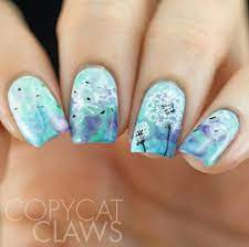 Pastel Watercolor Nails With Dandelion Blowing In The Wind Nail Art Dandelion Nail Art Nails Flower Nail Art