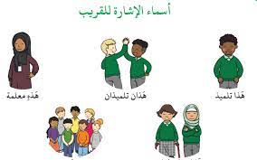بطاقة ملونة باسماء الاشارة للقريب للصف الثاني مادة اللغة العربية school comics