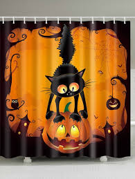 Halloween Pumpkin Cat Print Waterproof Bathroom Shower Curtain Colormix W71 Inch L71 In Fabric Shower Curtains Bathroom Shower Curtains Primitive Bathrooms